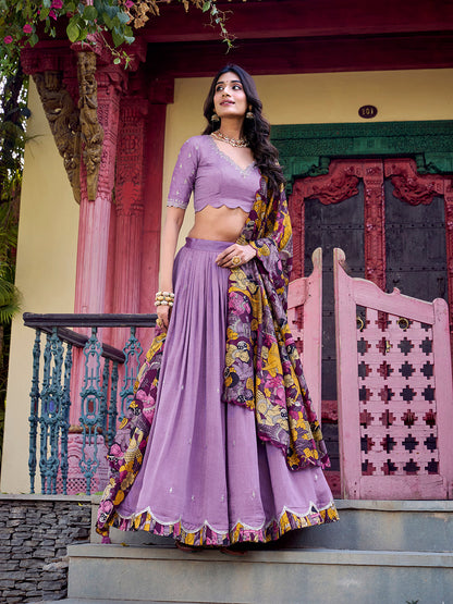 Lavender Color Sequins And Thread Embroidery Work Vichitra Silk Lehenga