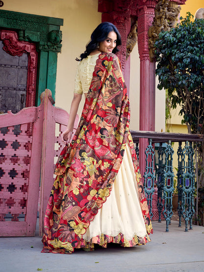 Off White Color Sequins And Thread Embroidery Work Vichitra Silk Lehenga