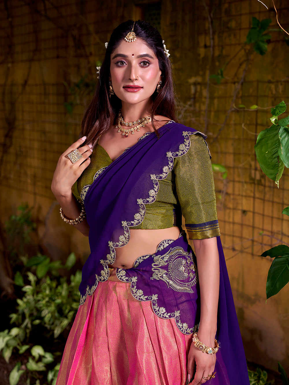 Purple Color Sequince And Thread Embroidery Work Kanchipuram Lehenga Choli