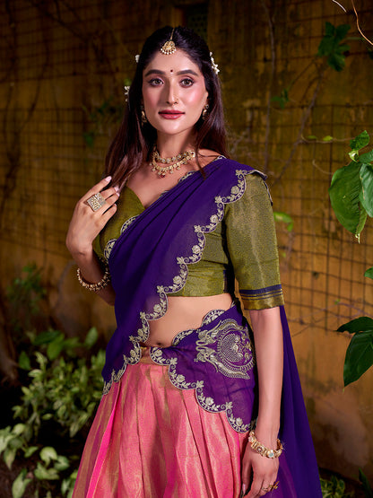 Purple Color Sequince And Thread Embroidery Work Kanchipuram Lehenga Choli