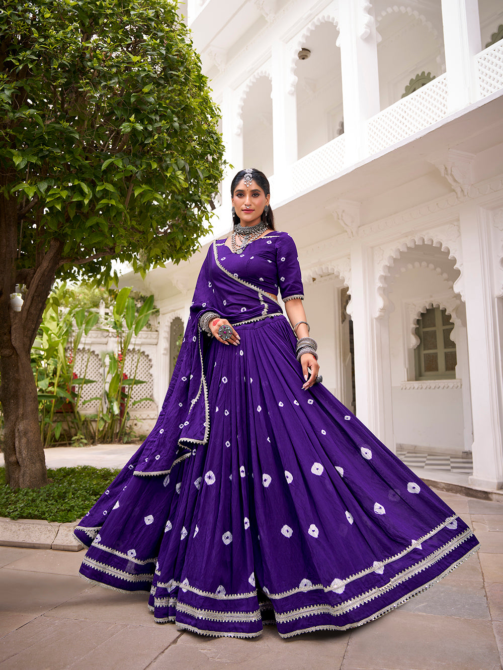 Purple Color Bandhej Print With Lace Touch Up Chanderi Chaniya Choli