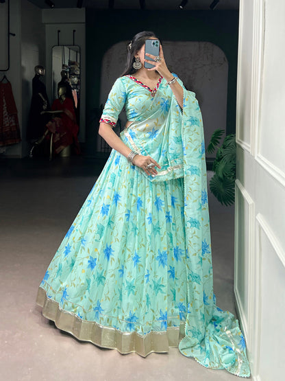 Pista Color Floral Print With Embossed Design Tabby Silk Chaniya Choli
