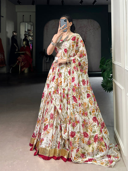 White Color Floral And Foil Print With Embossed Design Chiffon Ghaghra choli
