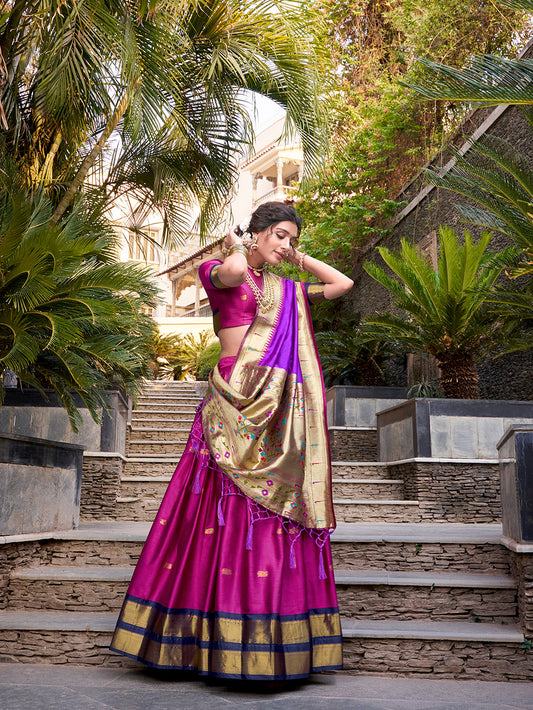 Pink Color Zari Weaving Work Jacquard Silk(Paithani) Lehenga Choli