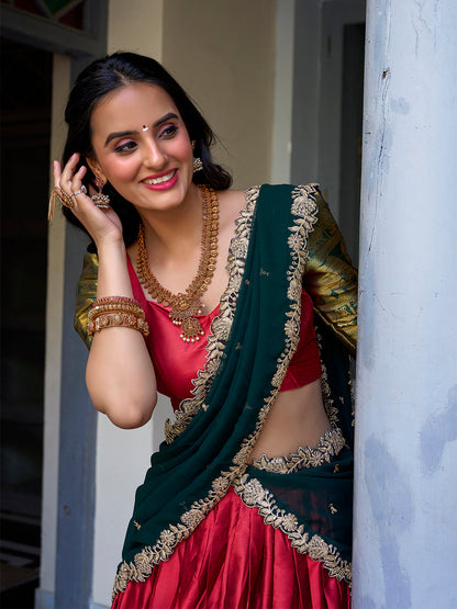 Red Color Zari Weaving Work Narayan Pattu Lehenga Choli