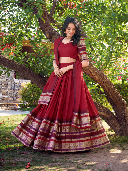 Red Color Plain With Zari Weaving Work Chanderi Silk Lehenga Choli