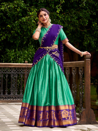 Bottle Green Color Zari Weaving Work Poly Cotton Lehenga Choli