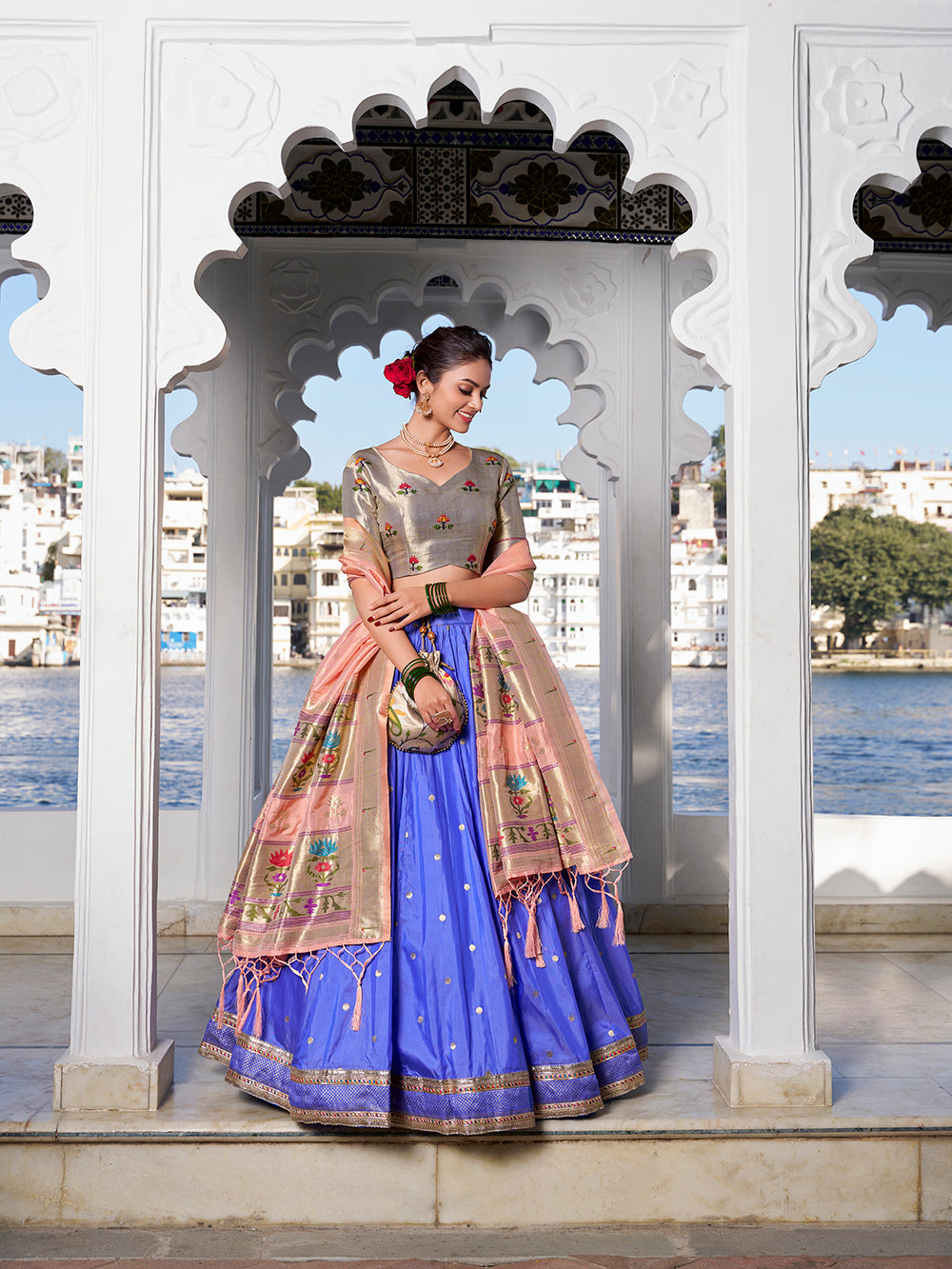 Blue Weaving Zari Work With Jacquard Silk (Paithani) Lehenga Choli