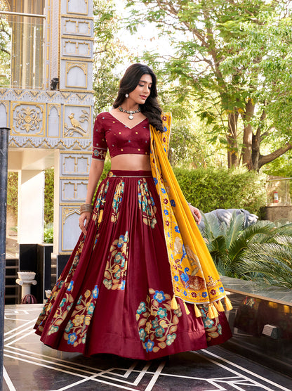 Maroon Color Printed And Foil Work Tussar Silk Lehenga Choli