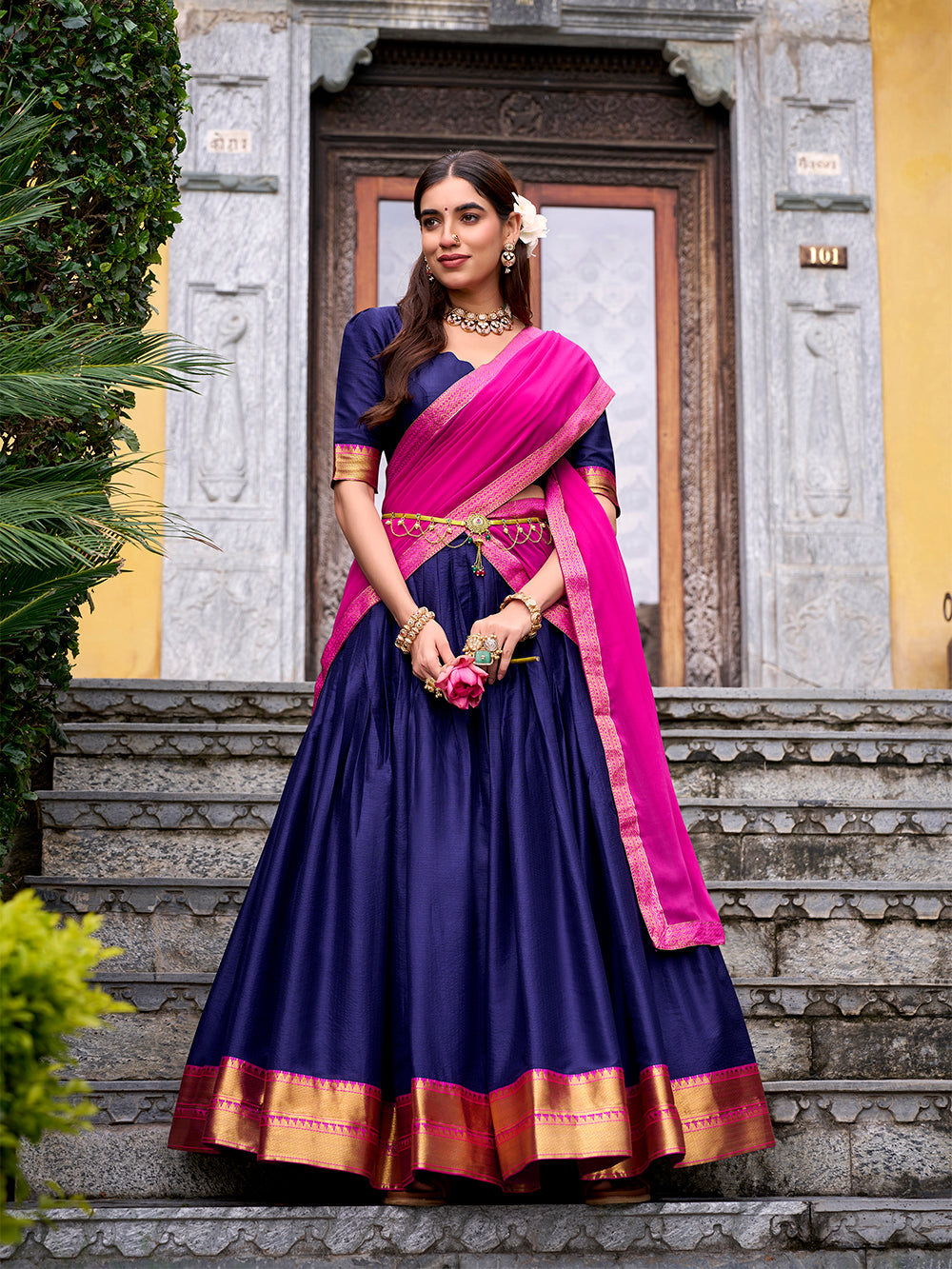 Navy Blue Color Zari Weaving Work Poly Cotton Lehenga choli