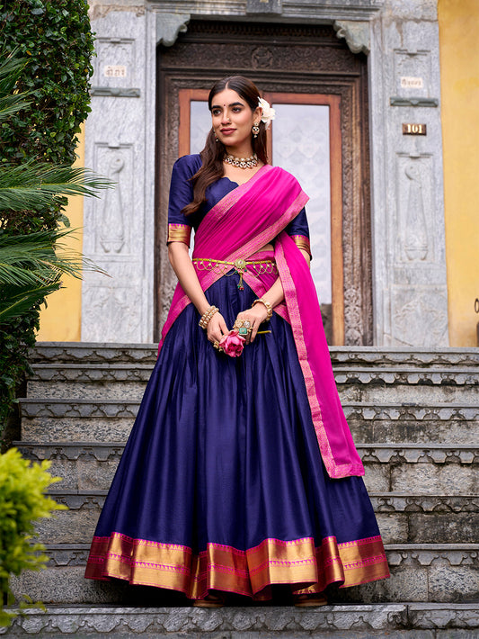 Navy Blue Color Zari Weaving Work Poly Cotton Lehenga choli