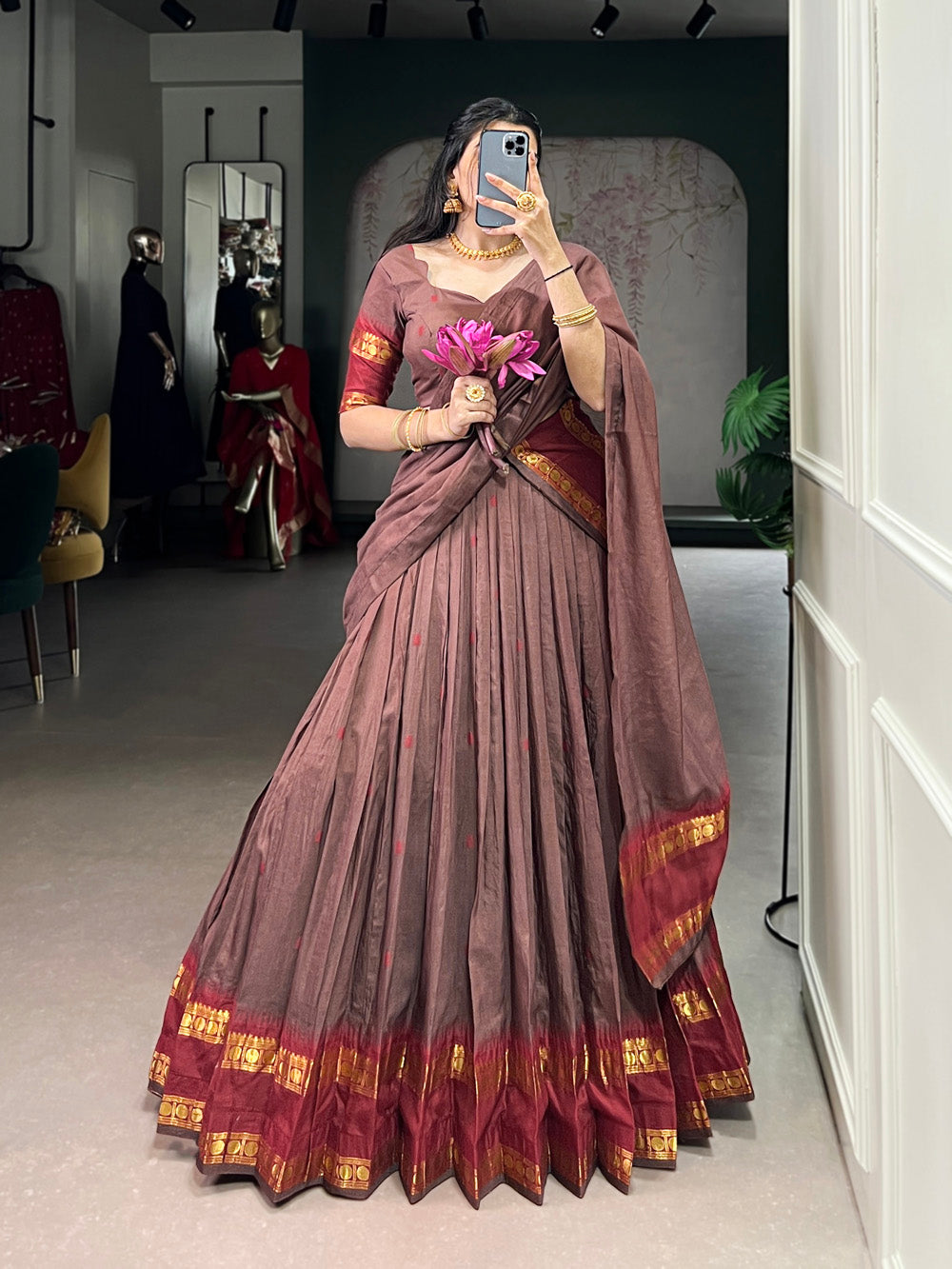 Brown Color Zari Weaving Work Chanderi Lehenga Choli