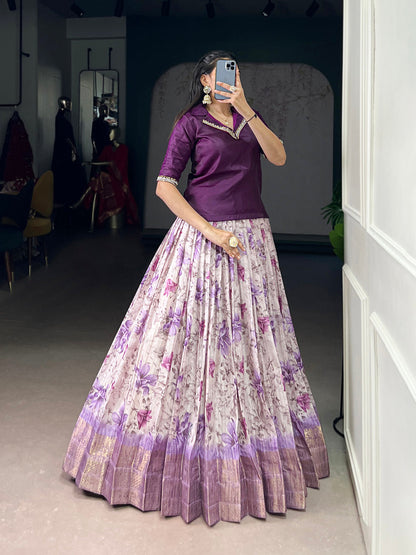 Purple Color Floral Print With Zari Weaving Work Dola Chex Co-Ord Set