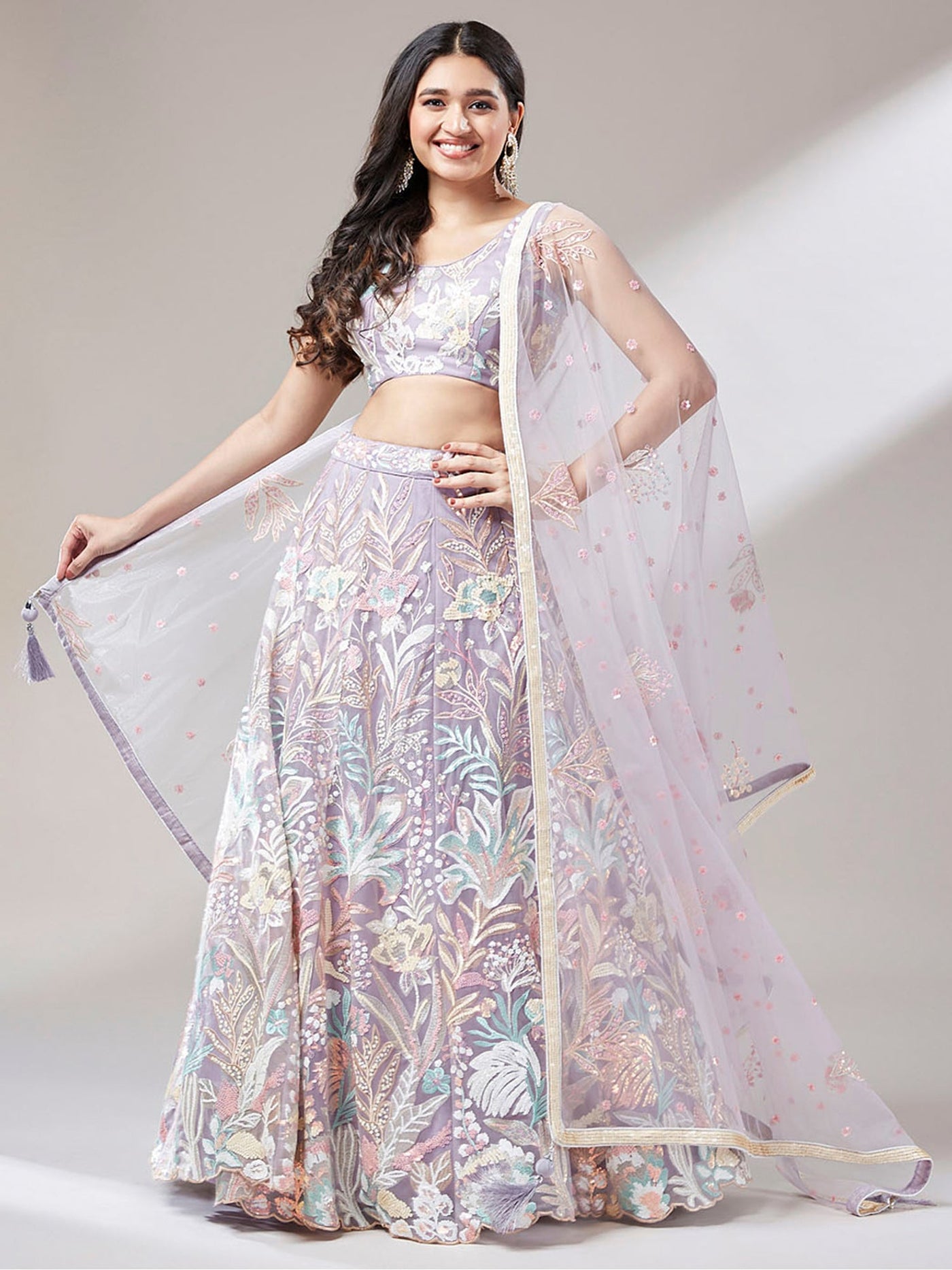 Beautiful Lavender Sequins Net Bridesmaid Lehenga Choli With Dupatta