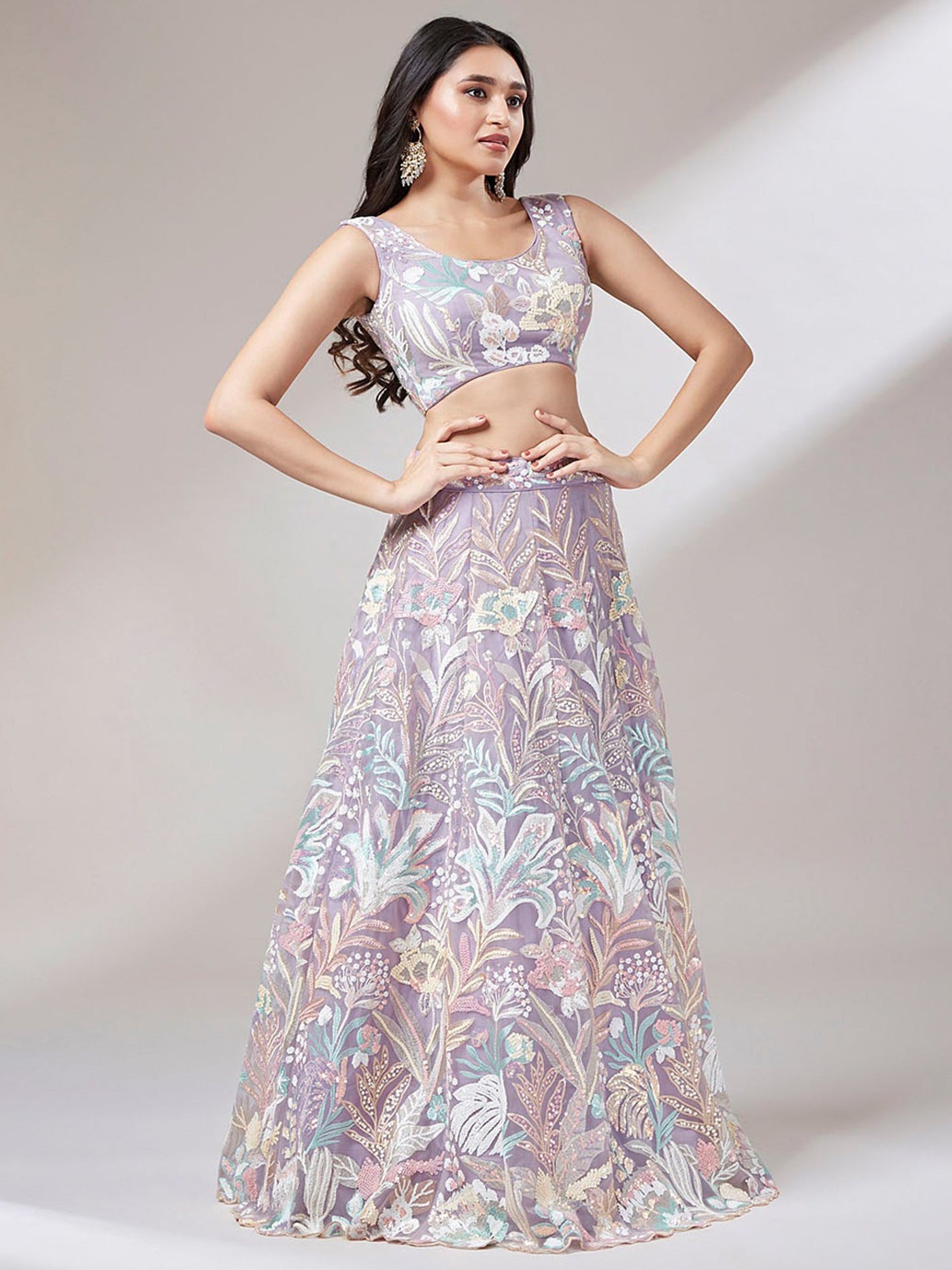 Beautiful Lavender Sequins Net Bridesmaid Lehenga Choli With Dupatta