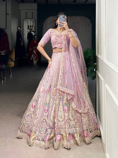Lavender Color Sequins And Thread Embroidery Work Net Lehenga Choli