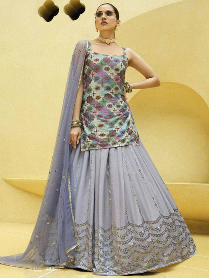 Lavender Sequins Embroidered Chinon Silk Lehenga Choli With Dupatta - Zeel Clothing