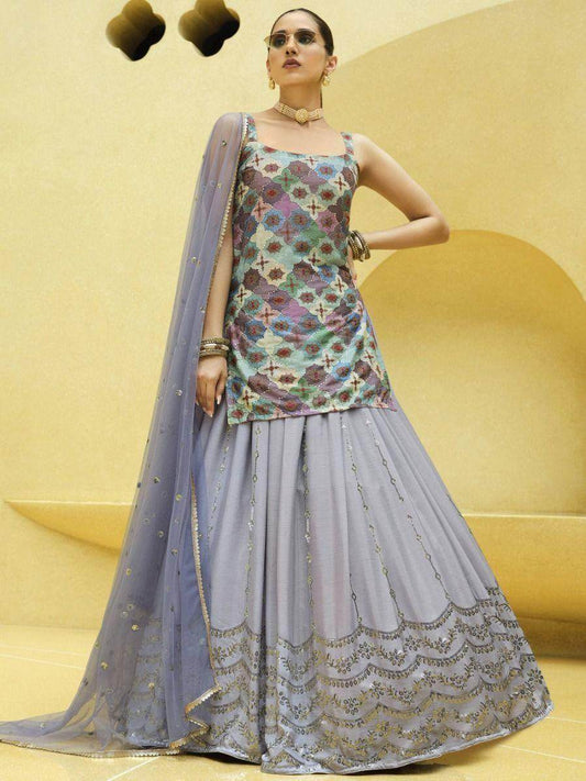 Lavender Sequins Embroidered Chinon Silk Lehenga Choli With Dupatta - Zeel Clothing