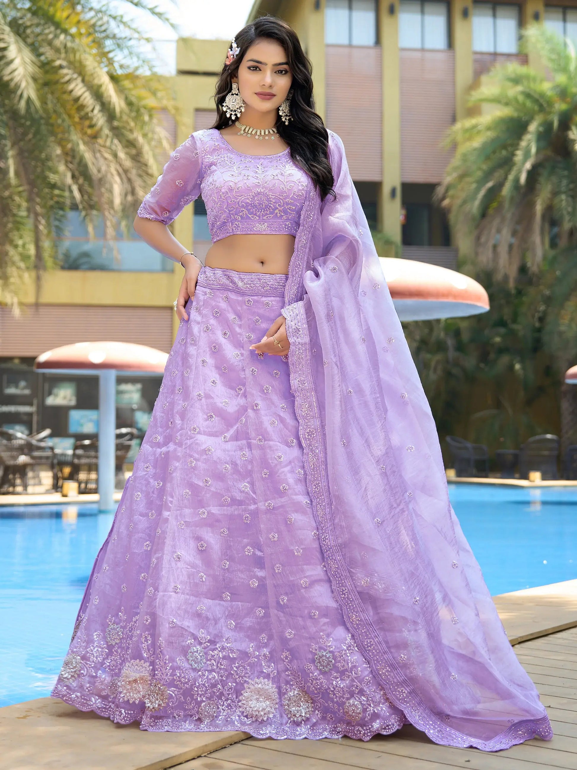 Lavish Lavender Thread Work Organza Bridesmaid Lehenga Choli - Zeel Clothing