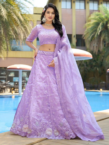 Lavish Lavender Thread Work Organza Bridesmaid Lehenga Choli - Zeel Clothing
