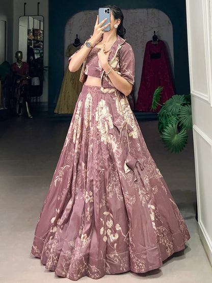 Lavish Mauve Printed Silk Party Wear Crop Top Lehenga With Jacket - Zeel Clothing