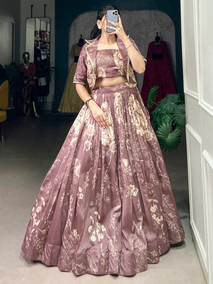 Lavish Mauve Printed Silk Party Wear Crop Top Lehenga With Jacket - Zeel Clothing