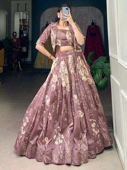 Lavish Mauve Printed Silk Party Wear Crop Top Lehenga With Jacket - Zeel Clothing