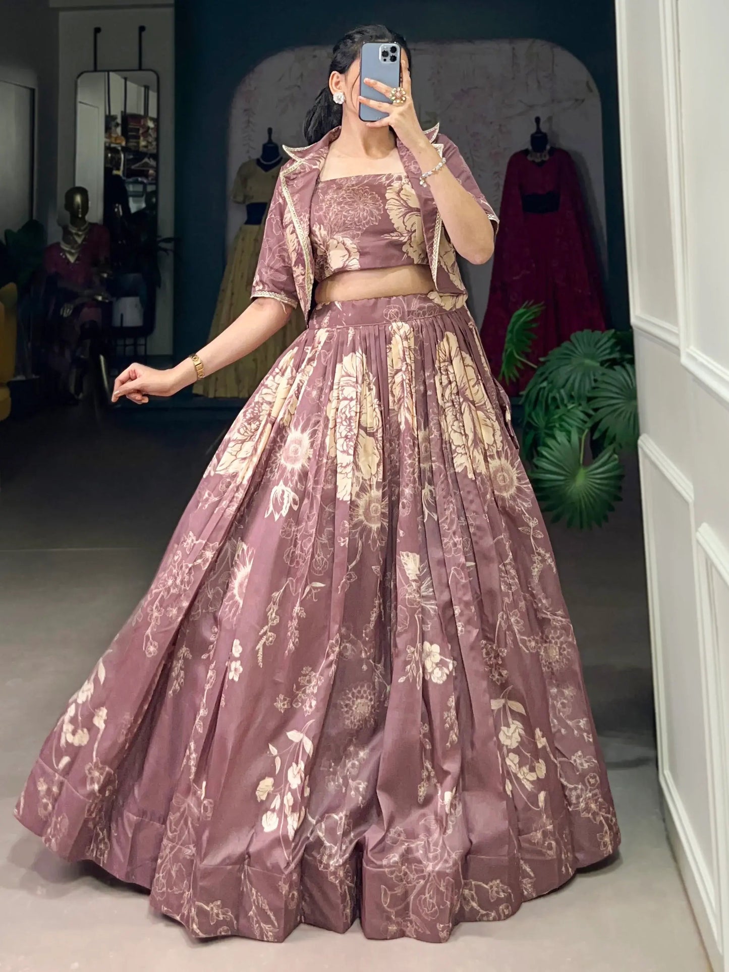 Lavish Mauve Printed Silk Party Wear Crop Top Lehenga With Jacket - Zeel Clothing