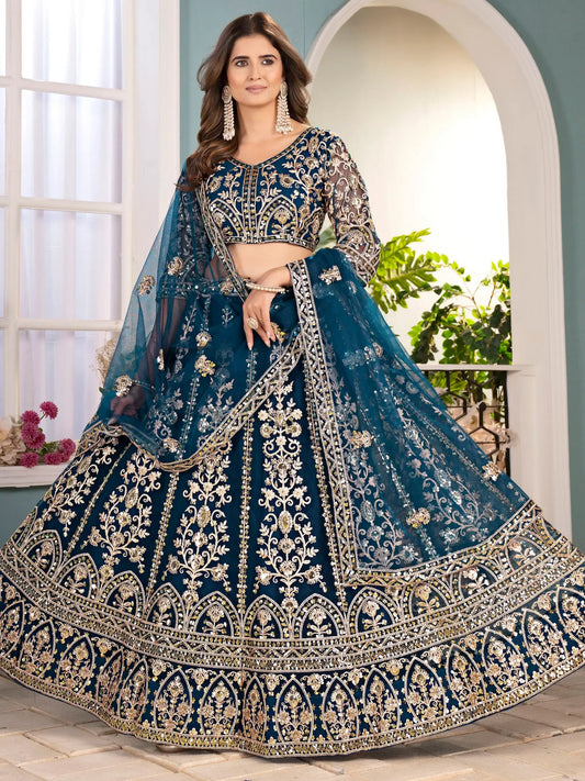 Lavish Teal Blue Embroidered Net Wedding Wear Lehenga Choli With Dupatta - Zeel Clothing