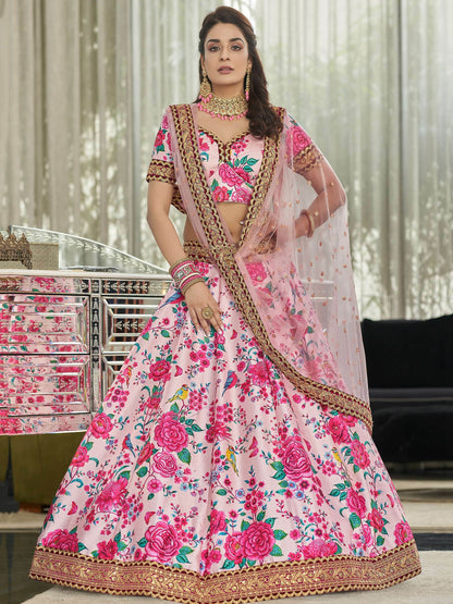 Light Pink Floral Printed Art Silk Wedding Wear Lehenga Choli - Zeel Clothing