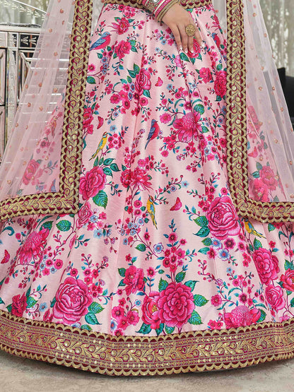 Light Pink Floral Printed Art Silk Wedding Wear Lehenga Choli - Zeel Clothing