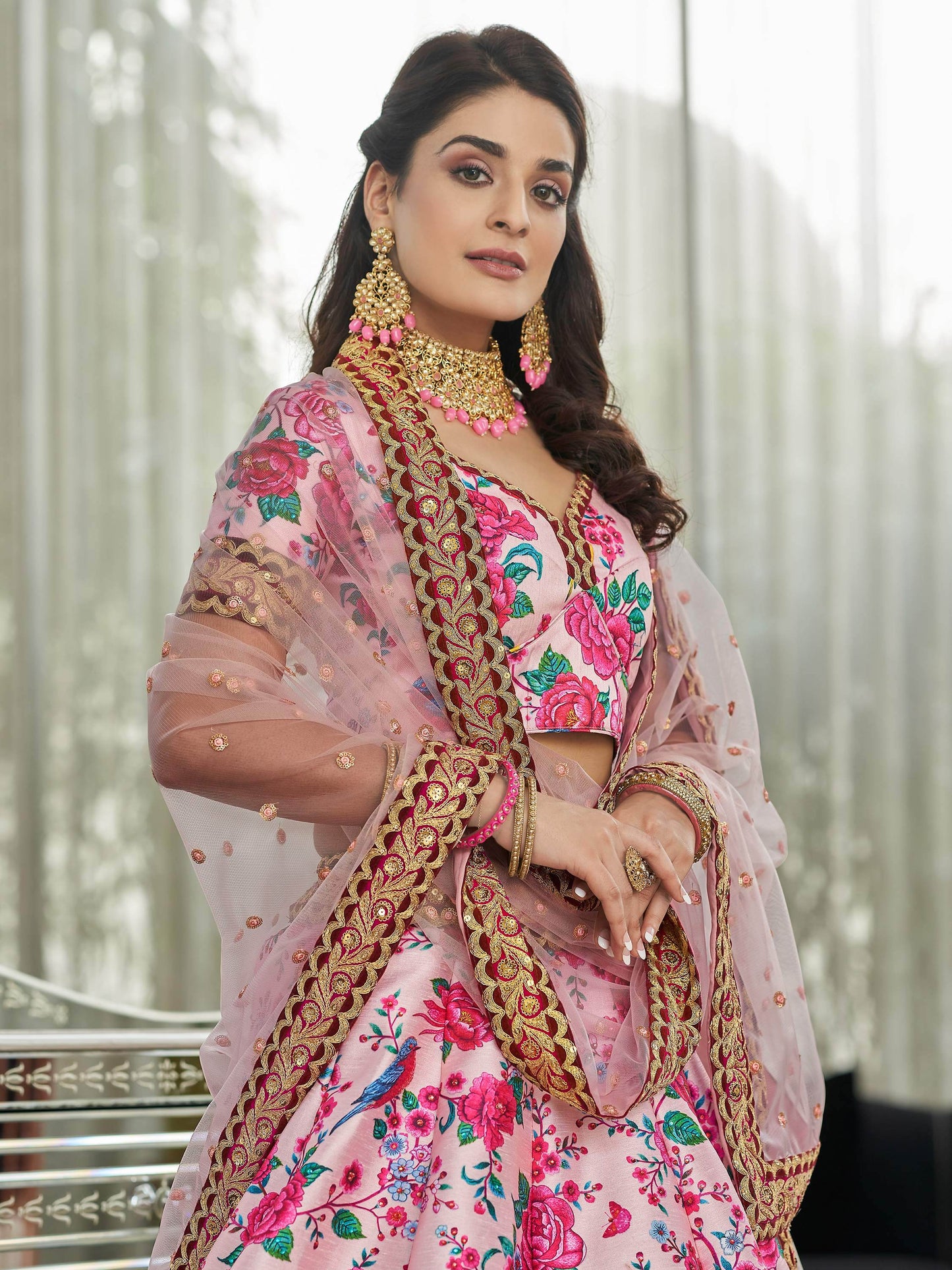 Light Pink Floral Printed Art Silk Wedding Wear Lehenga Choli - Zeel Clothing