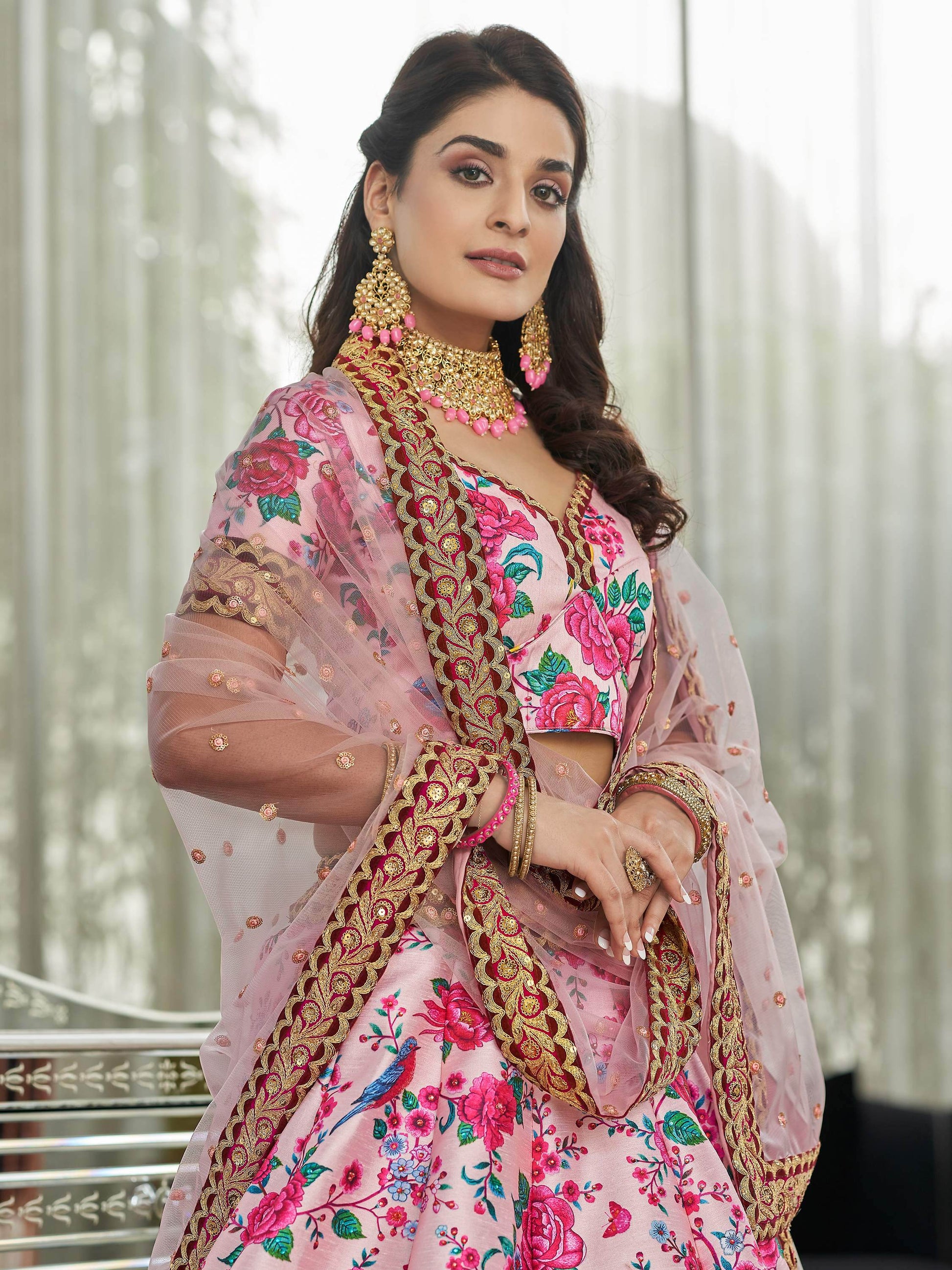 Light Pink Floral Printed Art Silk Wedding Wear Lehenga Choli - Zeel Clothing