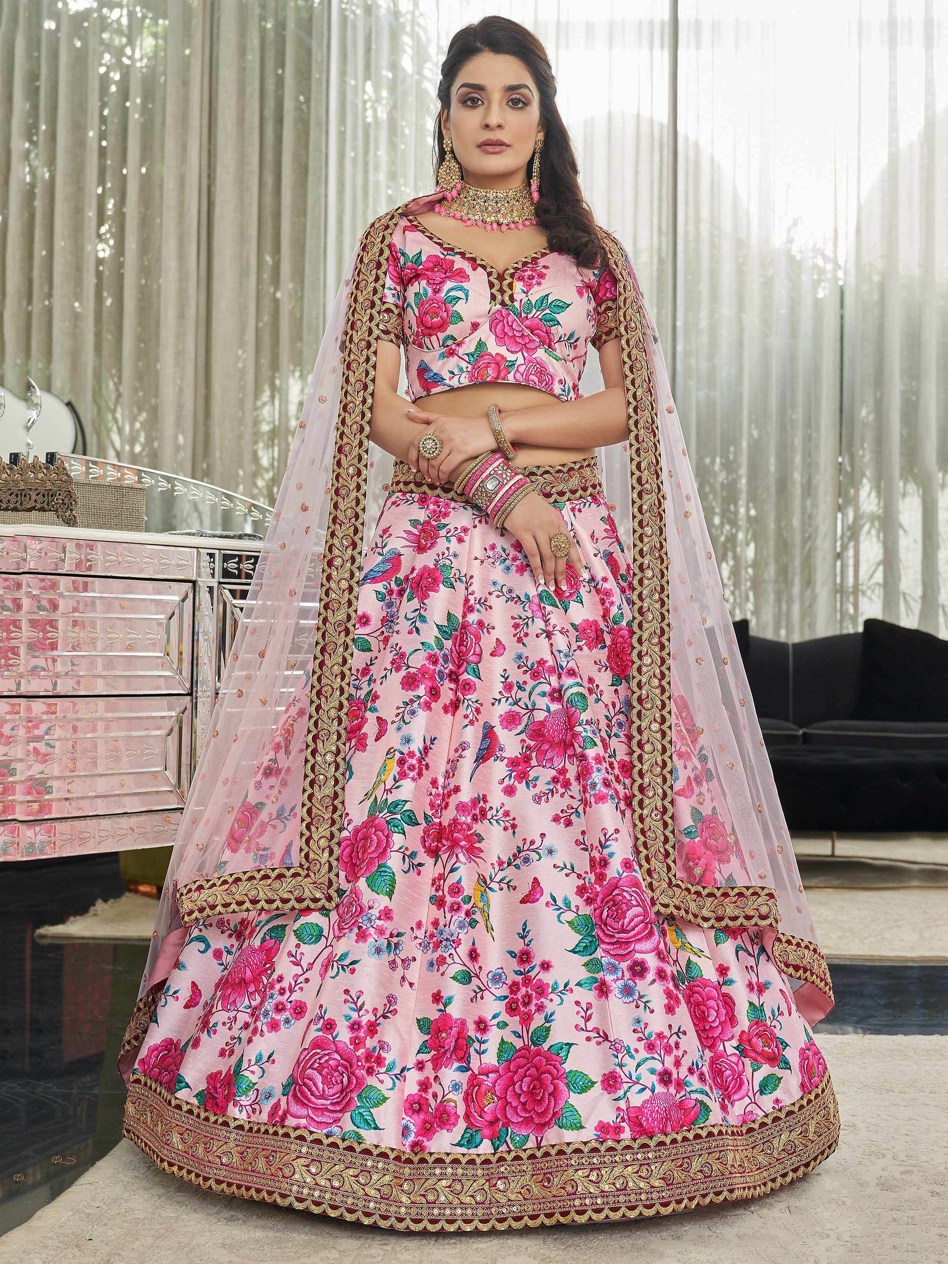 Light Pink Floral Printed Art Silk Wedding Wear Lehenga Choli - Zeel Clothing