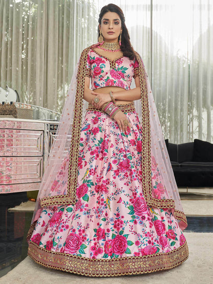 Light Pink Floral Printed Art Silk Wedding Wear Lehenga Choli - Zeel Clothing