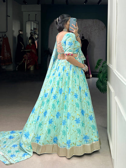 Pista Color Floral Print With Embossed Design Tabby Silk Chaniya Choli