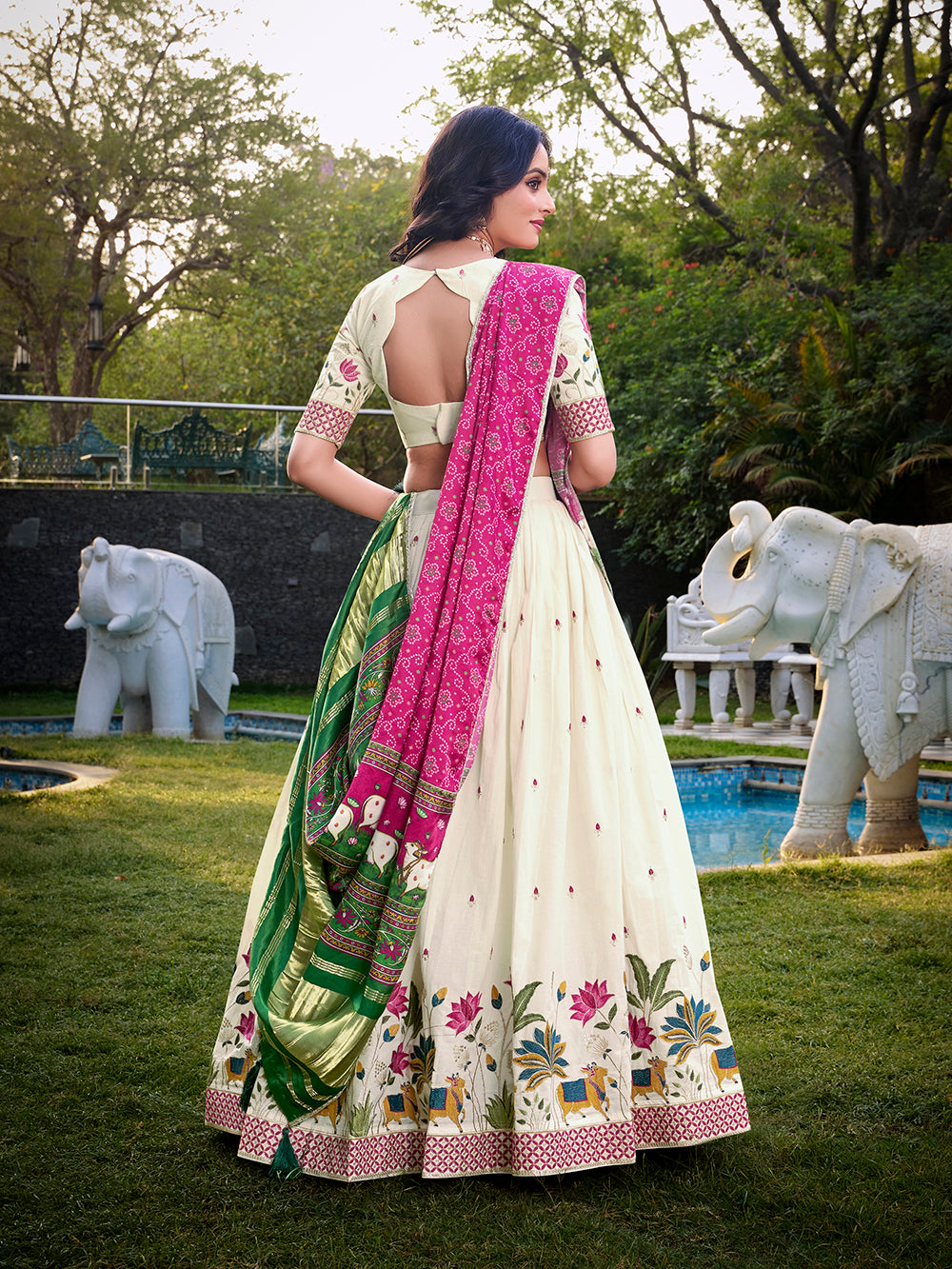 Lotus Design With Sequince And Thread Embroidery Work Khadi Cotton Lehenga Choli