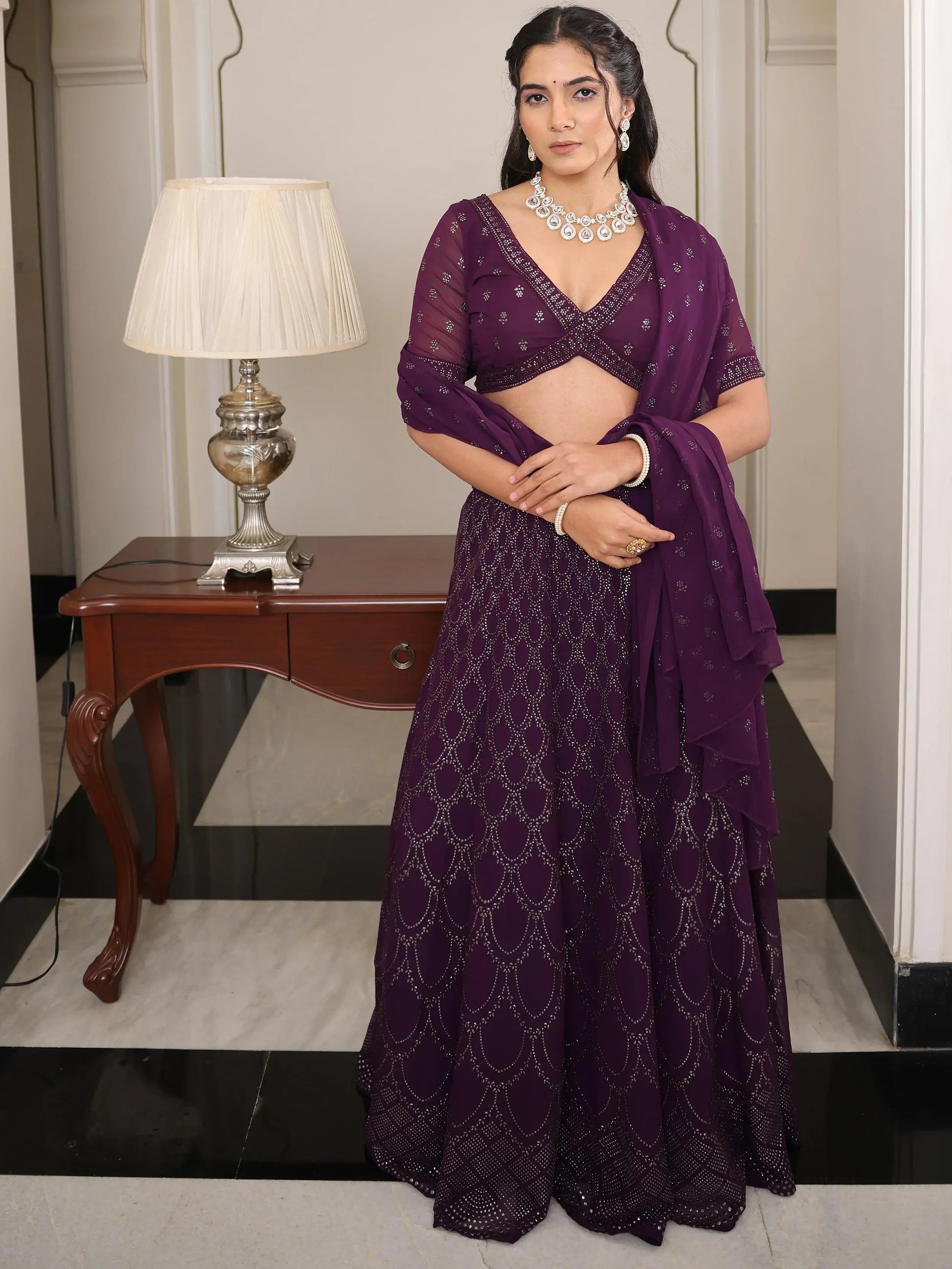 Lovable Wine Embroidered Party Wear Lehenga Choli With Dupatta - Zeel Clothing