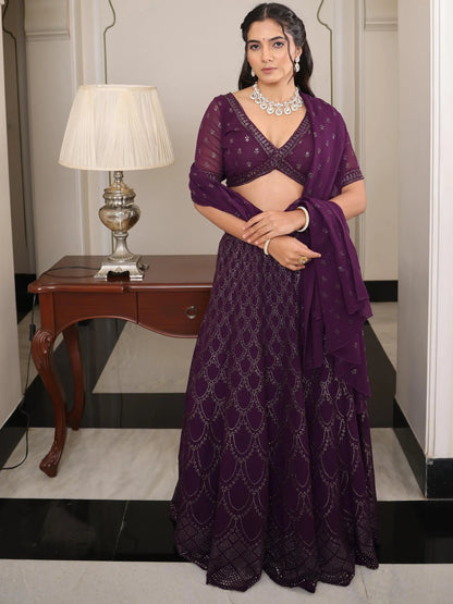Lovable Wine Embroidered Party Wear Lehenga Choli With Dupatta - Zeel Clothing