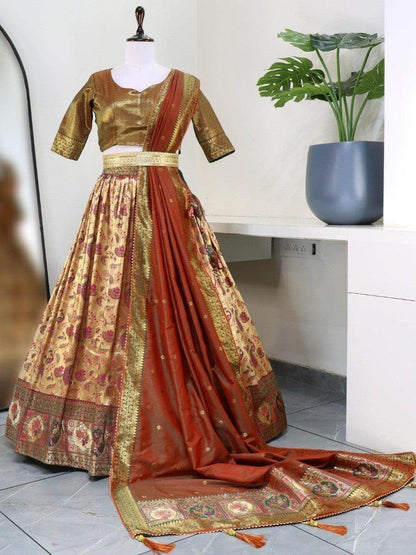 Lovely Beige And Green Zari Woven Paithani Silk Lehenga Choli - Zeel Clothing