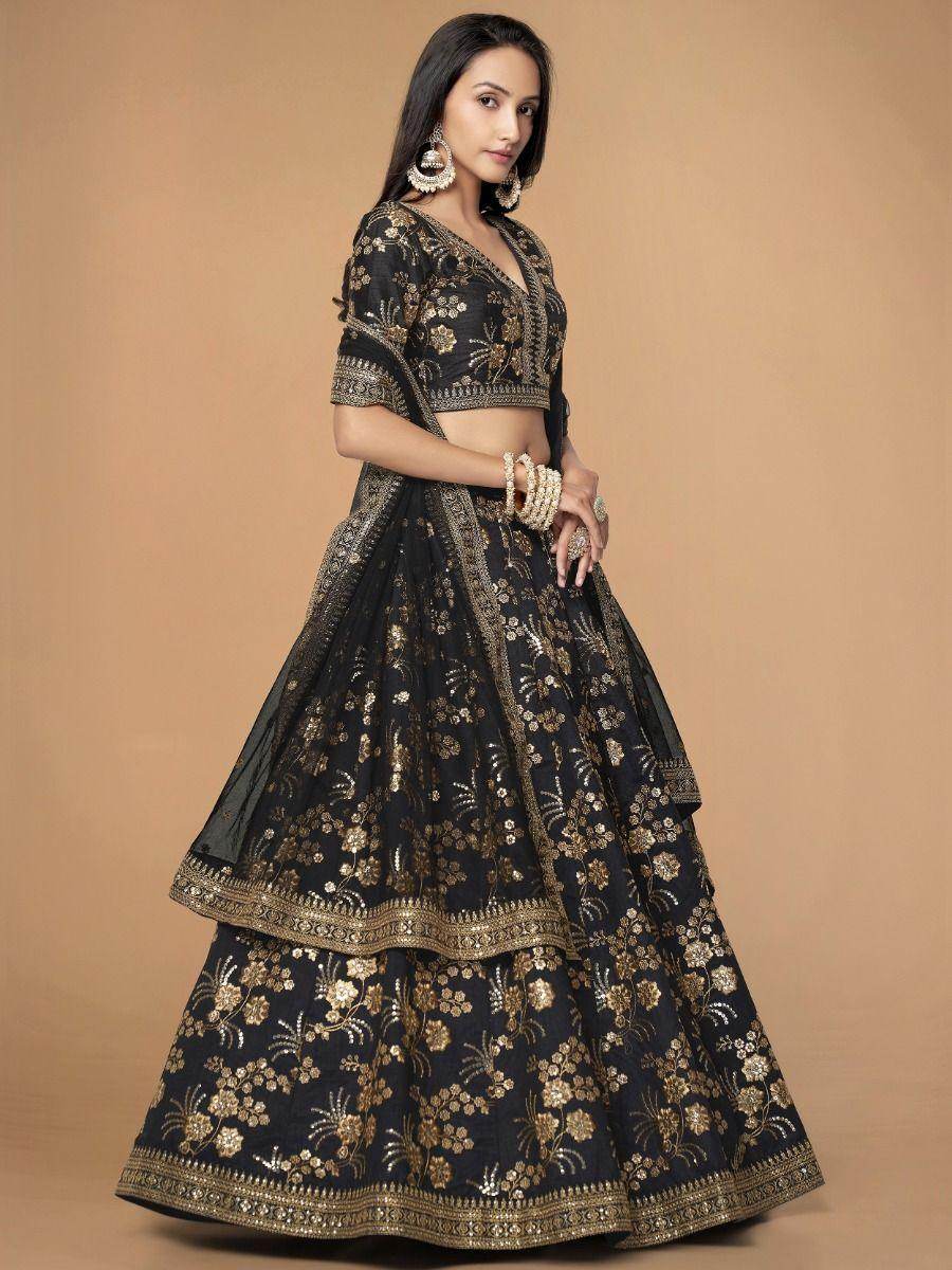 Lovely Black Sequins Silk Reception Wear Lehenga Choli With Blouse - Zeel Clothing