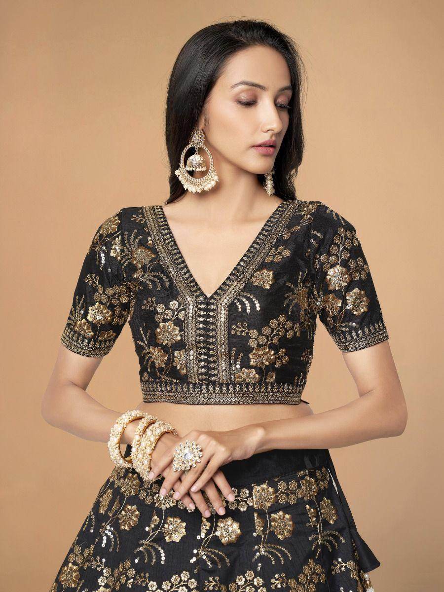 Lovely Black Sequins Silk Reception Wear Lehenga Choli With Blouse - Zeel Clothing