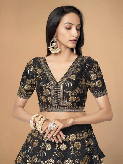 Lovely Black Sequins Silk Reception Wear Lehenga Choli With Blouse - Zeel Clothing