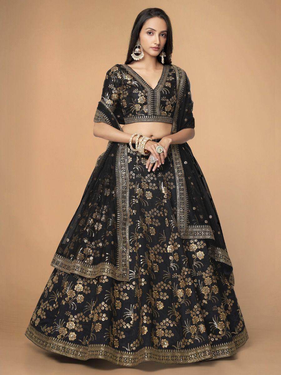 Lovely Black Sequins Silk Reception Wear Lehenga Choli With Blouse - Zeel Clothing