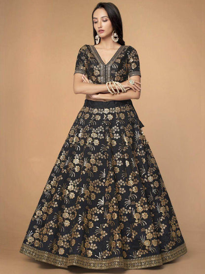 Lovely Black Sequins Silk Reception Wear Lehenga Choli With Blouse - Zeel Clothing