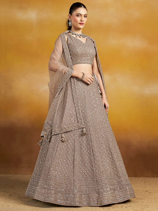 Lovely Grey Thread Embroidered Georgette Lehenga Choli With Dupatta - Zeel Clothing