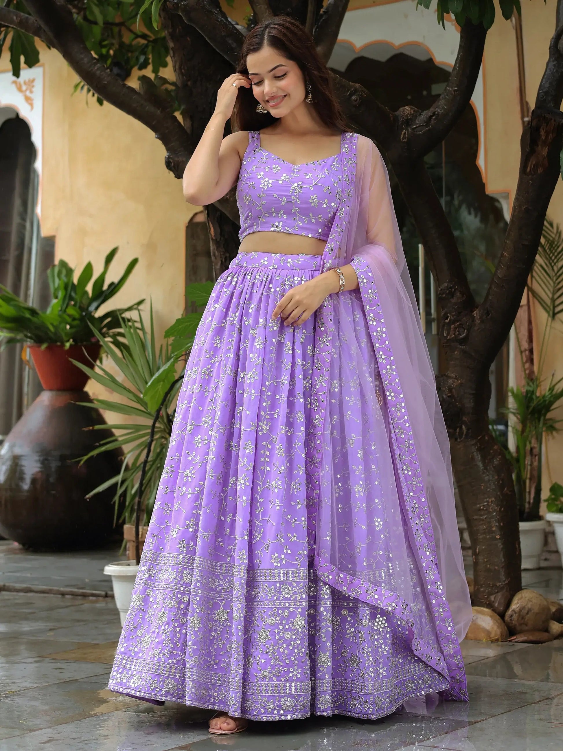 Lovely Lavender Embroidered Georgette Engagement Wear Lehenga Choli - Zeel Clothing