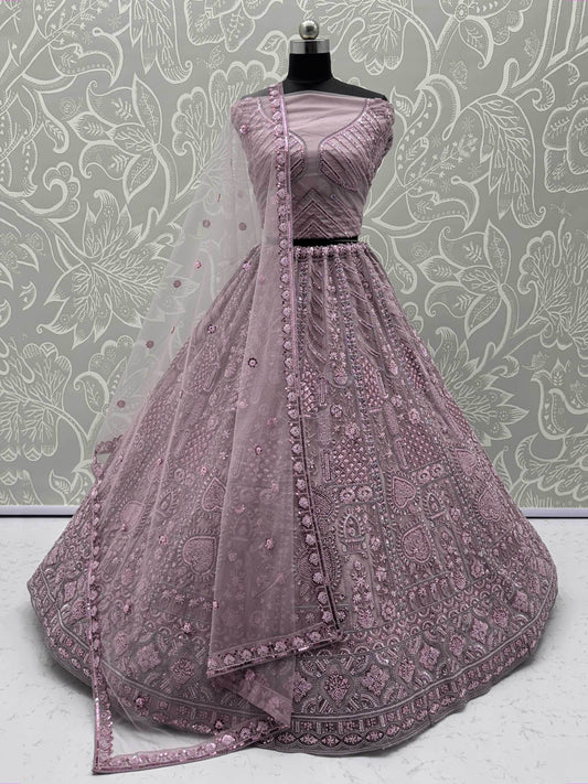 Lovely Lilac Thread Embroidered Net Monochrome Lehenga Choli With Dupatta - Zeel Clothing