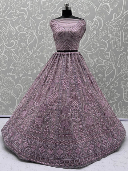 Lovely Lilac Thread Embroidered Net Monochrome Lehenga Choli With Dupatta - Zeel Clothing