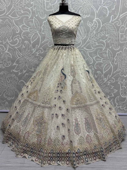 Lovely Off-White Sequins Net Wedding Lehenga Choli With Dupatta - Zeel Clothing